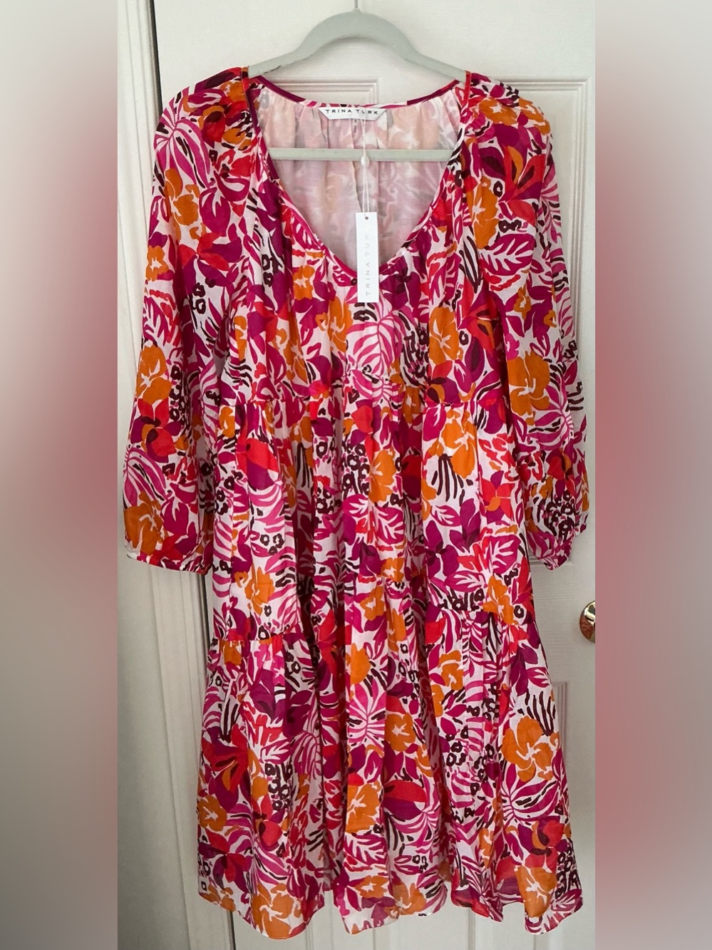 Trina Turk Pink & Orange Floral Tiered Cotton Long Sleeve Dress